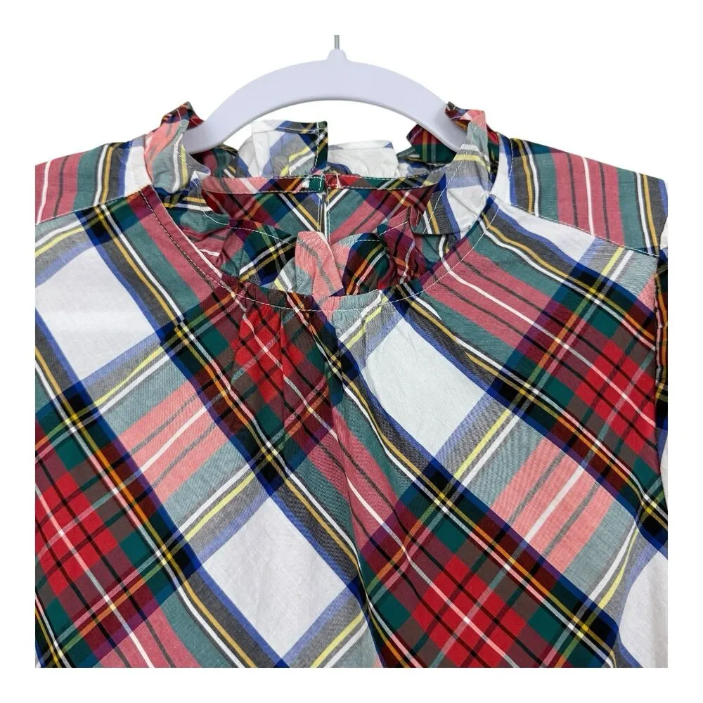 J.CREW Stuart Tartan Shirt Sz XXS Puff Sleeve White Red Plaid BE001 High Neck